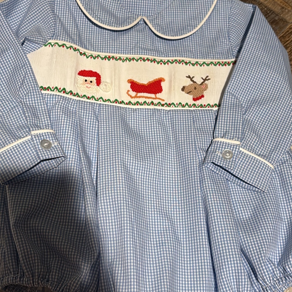 Blue Gingham Kids Bodysuit with Festive Embroidery